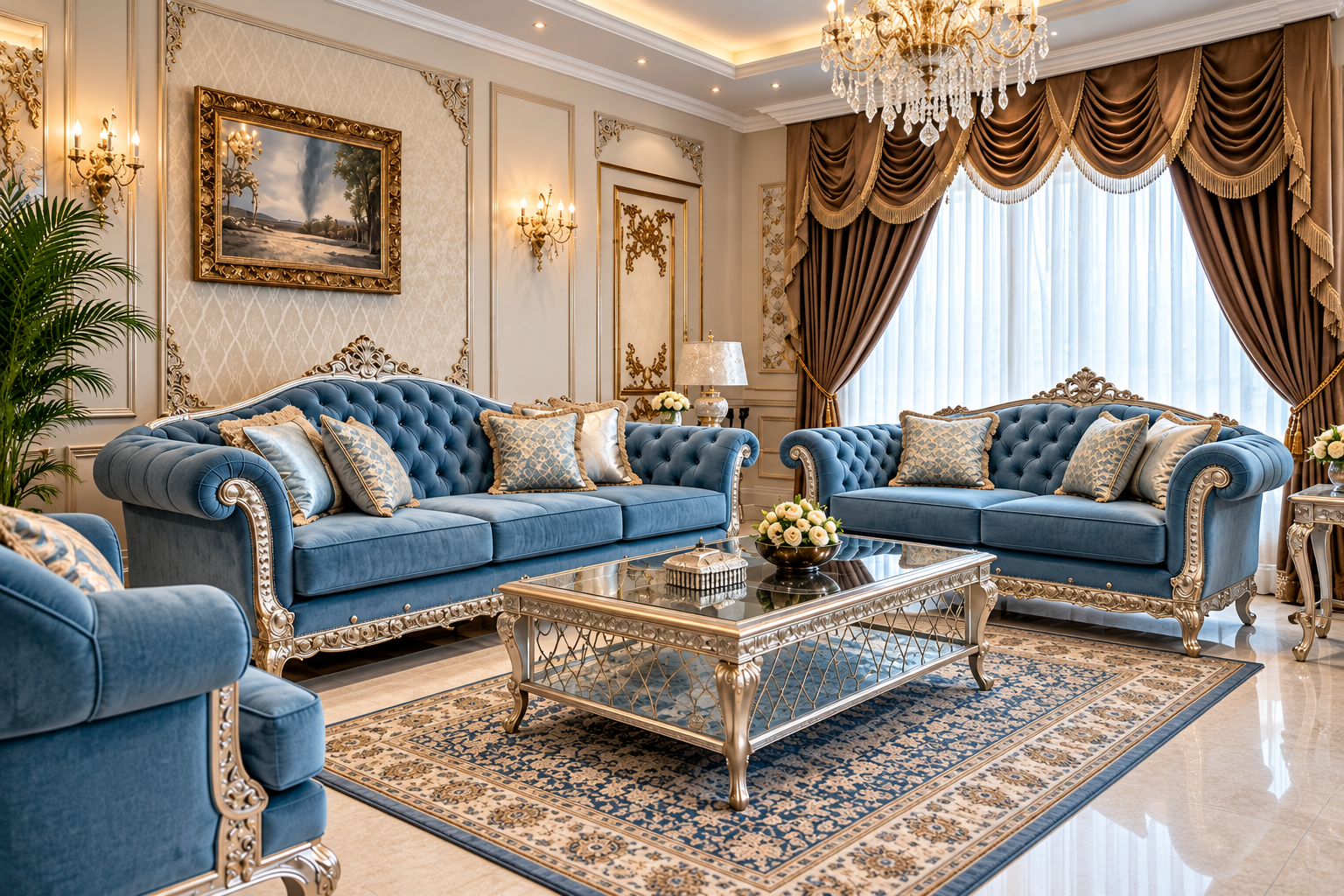 Classic living room with blue chesterfield sofas, gold trim furniture and richly draped curtains